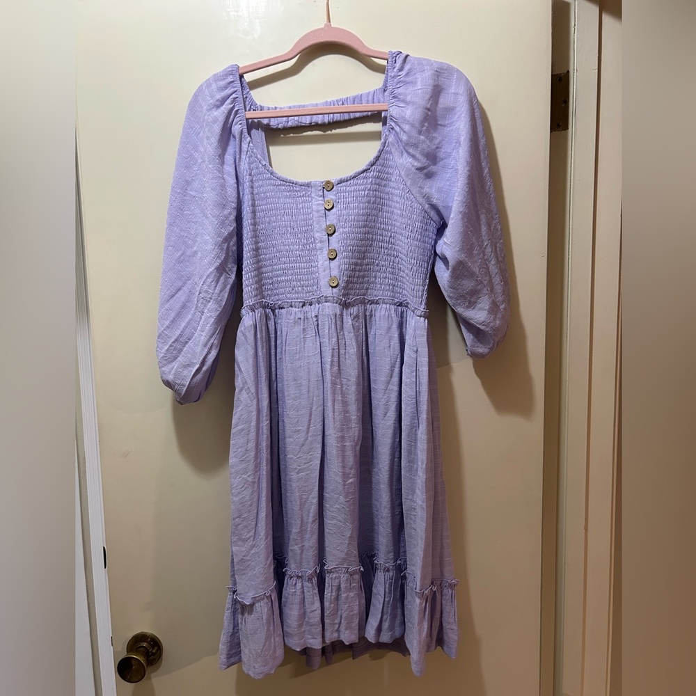Lilac Puff-Sleeve Smocked Midi Dress - Unbranded
